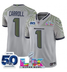 Men's Seattle Seahawks #1 Pete Carroll Gray 2025 F.U.S.E. Super Bowl LX And 50th Season “Rivalries” Vapor Limited Football Stitched Jersey
