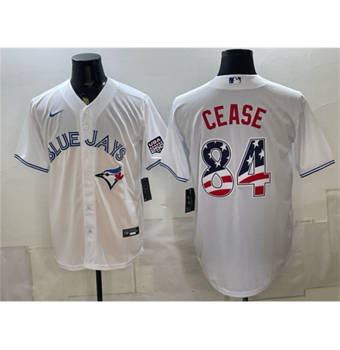 Men's Toronto Blue Jays #84 Dylan Cease White 2026 USA 250 Fourth of July Stitched Baseball Jersey