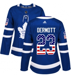 Women's Adidas Toronto Maple Leafs #23 Travis Dermott Authentic Royal Blue USA Flag Fashion NHL Jersey