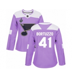 Women's St. Louis Blues #41 Robert Bortuzzo Authentic Purple Fights Cancer Practice 2019 Stanley Cup Final Bound Hockey Jersey