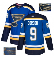 Men's Adidas St. Louis Blues #9 Shayne Corson Authentic Royal Blue Fashion Gold NHL Jersey