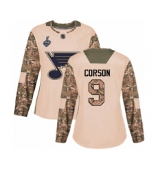 Women's St. Louis Blues #9 Shayne Corson Authentic Camo Veterans Day Practice 2019 Stanley Cup Final Bound Hockey Jersey