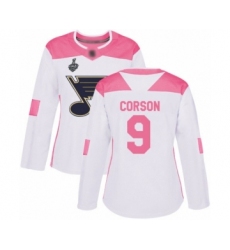 Women's St. Louis Blues #9 Shayne Corson Authentic White Pink Fashion 2019 Stanley Cup Final Bound Hockey Jersey
