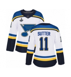 Women's St. Louis Blues #11 Brian Sutter Authentic White Away 2019 Stanley Cup Champions Hockey Jersey