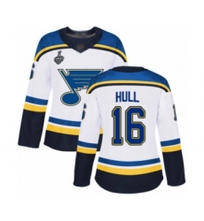 Women's St. Louis Blues #16 Brett Hull Authentic White Away 2019 Stanley Cup Final Bound Hockey Jersey