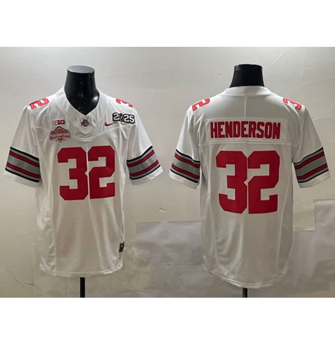 Men's Ohio State Buckeyes #32 TreVeyon Henderson White 2025 CFP Final With National Champions F.U.S.E. Vapor Limited Stitched Football Jersey