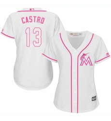 Women's Majestic Miami Marlins #13 Starlin Castro Authentic White Fashion Cool Base MLB Jersey