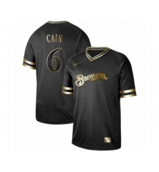 Men's Milwaukee Brewers #6 Lorenzo Cain Authentic Black Gold Fashion Baseball Jersey