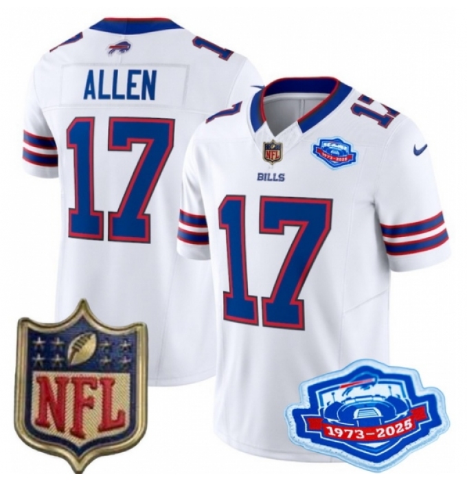 Men's Buffalo Bills 17 Josh Allen White 2025 F U S E Farewell Season Gold Shield Stitched Football Jersey