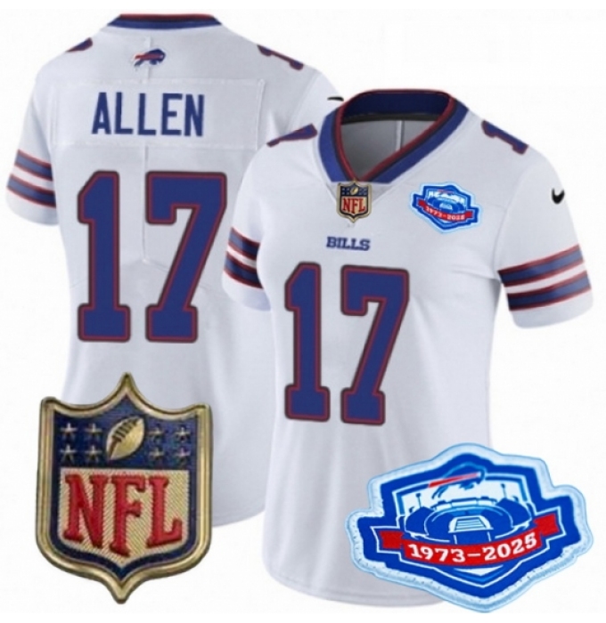 Women Buffalo Bills 17 Josh Allen White 2025 F U S E Farewell Season Gold Shield Stitched Football Jersey