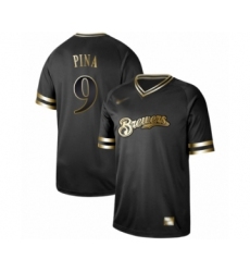 Men's Milwaukee Brewers #9 Manny Pina Authentic Black Gold Fashion Baseball Jersey