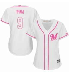 Women's Majestic Milwaukee Brewers #9 Manny Pina Replica White Fashion Cool Base MLB Jersey