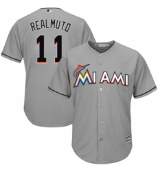 Youth Majestic Miami Marlins #11 J. T. Realmuto Replica Grey Road Cool Base MLB Jersey
