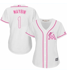 Women's Majestic Miami Marlins #1 Cameron Maybin Replica White Fashion Cool Base MLB Jersey