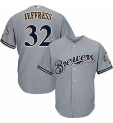 Youth Majestic Milwaukee Brewers #32 Jeremy Jeffress Replica Grey Road Cool Base MLB Jersey