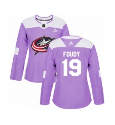 Women's Adidas Columbus Blue Jackets #19 Liam Foudy Authentic Purple Fights Cancer Practice NHL Jersey