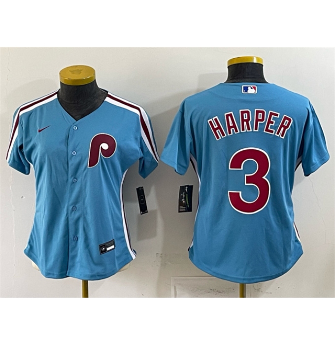 Women's Philadelphia Phillies #3 Bryce Harper Blue Stitched Baseball Jersey(Run Small)