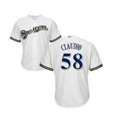 Men's Milwaukee Brewers #58 Alex Claudio Replica White Alternate Cool Base Baseball Jersey