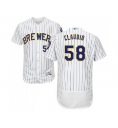 Men's Milwaukee Brewers #58 Alex Claudio White Home Flex Base Authentic Collection Baseball Jersey