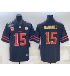 Men’s Kansas City Chiefs #15 Patrick Mahomes Black Red Gold Super Bowl LVII Patch And 4-star C Patch Vapor Untouchable Limited Stitched Jersey