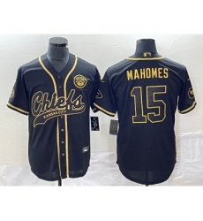 Men's Nike Kansas City Chiefs #15 Patrick Mahomes Black Gold Super Bowl LVII Cool Base Stitched Baseball Jersey