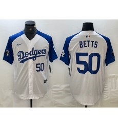 Mens Los Angeles Dodgers #50 Mookie Betts Number White Blue Fashion Stitched Cool Base Limited Jersey