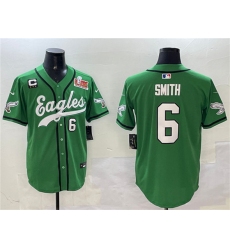 Men's Philadelphia Eagles #6 DeVonta Smith Green 2025 Super Bowl LIX And 3-Star C Stitched Baseball Jersey