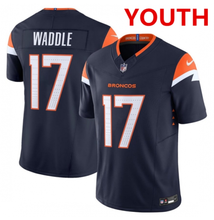 Youth Denver broncos #17 Jaylen Waddle navy 2026 f.u.s.e vapor untouchable limited stitched jersey