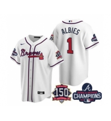 Men's Atlanta Braves #1 Ozzie Albies 2021 White World Series Champions With 150th Anniversary Patch Cool Base Stitched Jersey
