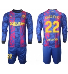 Men 2021-2022 Club Barcelona Second away blue Long Sleeve 22 Soccer Jersey