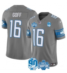 Men's Detroit Lions #16 Jared Goff Gray 2023 90th Anniversary North Division Champions Limited Stitched Jersey