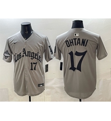 Men's Los Angeles Dodgers #17 Shohei Ohtani Grey LA Gothic Style With 2025 World Series Champions Limited Stitched Baseball Jersey