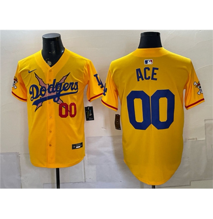 Men's Los Angeles Dodgers x One Piece #00 Ace Yellow Vapor Premier Limited Stitched Baseball Jersey