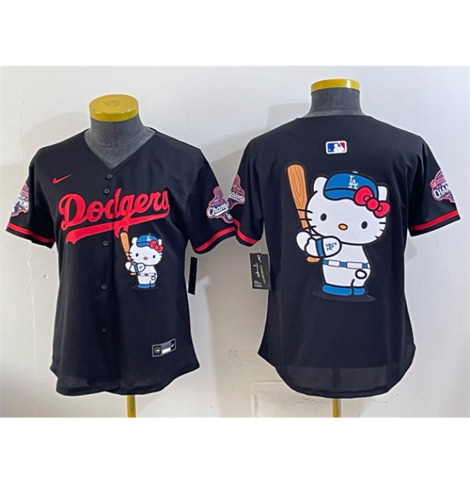 Women's Los Angeles Dodgers Team Big Logo Black Hello Kitty Night 2025 World Series Champions Stitched Baseball Jersey(Run Small)