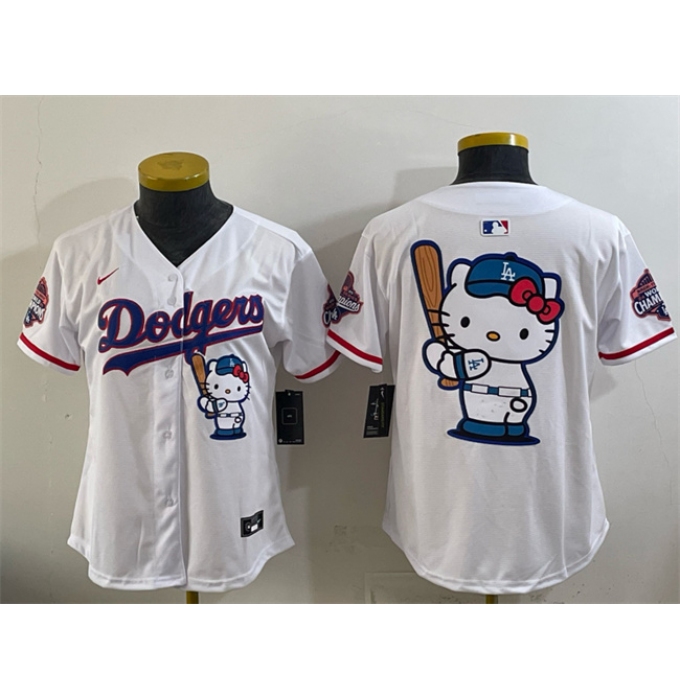 Women's Los Angeles Dodgers Team Big Logo White Hello Kitty Night 2025 World Series Champions Stitched Baseball Jersey(Run Small)