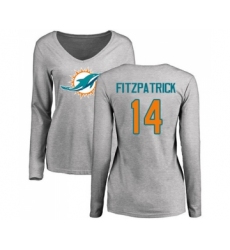 Football Women's Miami Dolphins #14 Ryan Fitzpatrick Ash Name & Number Logo Long Sleeve T-Shirt