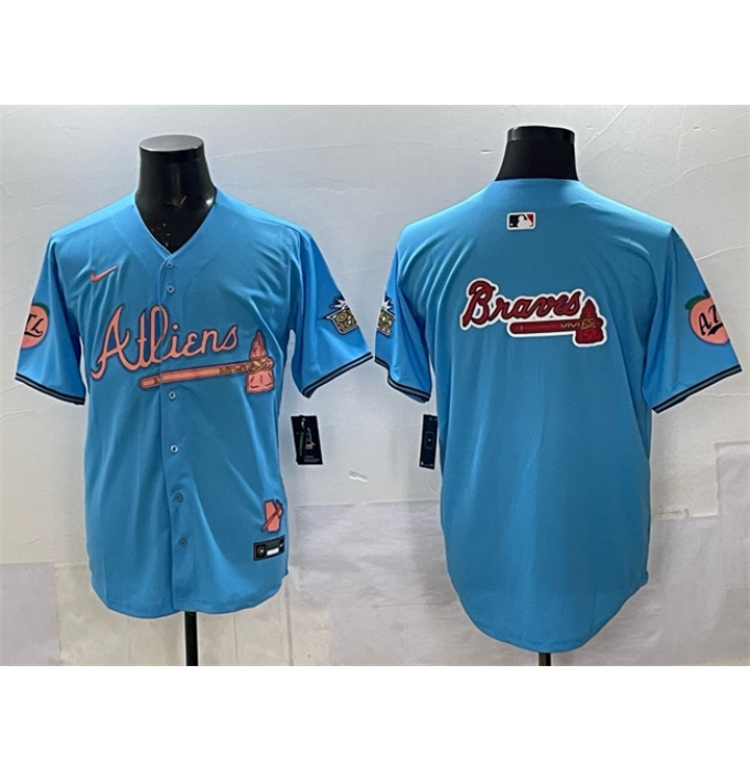 Men's Atlanta Braves Team Big Logo Blue 2024 Atliens & Peach With Outkast Vapor Limited Stitched Baseball Jersey