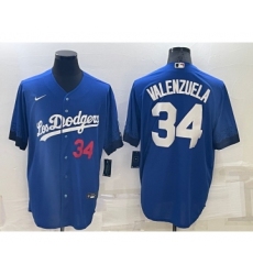 Men's Los Angeles Dodgers #34 Fernando Valenzuela Number Blue 2021 City Connect Cool Base Stitched Jersey