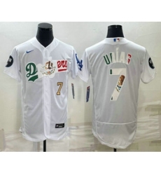 Mens Los Angeles Dodgers #7 Julio Urias Number White With Vin Scully Flex Base Stitched Baseball Jersey