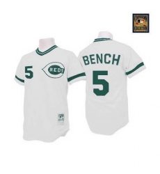 Men's Mitchell and Ness Cincinnati Reds #5 Johnny Bench Authentic White(Green Patch) Throwback MLB Jersey