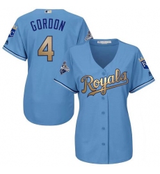 Women's Majestic Kansas City Royals #4 Alex Gordon Authentic Light Blue 2015 World Series Champions Gold Program Cool Base MLB Jersey