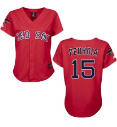 Women's Majestic Boston Red Sox #15 Dustin Pedroia Authentic Red 2018 World Series Champions MLB Jersey