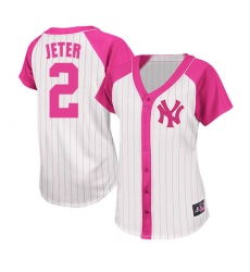 Women's Majestic New York Yankees #2 Derek Jeter Replica White/Pink Splash Fashion MLB Jersey
