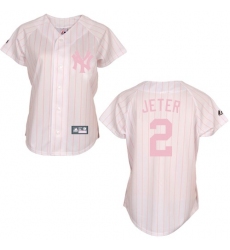 Women's Majestic New York Yankees #2 Derek Jeter Replica White/Pink Strip MLB Jersey