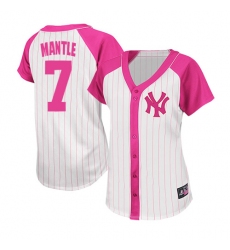 Women's Majestic New York Yankees #7 Mickey Mantle Replica White/Pink Splash Fashion MLB Jersey