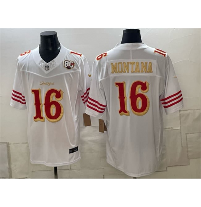 Men's San Francisco 49ers #16 Joe Montana White Gold 80th Anniversary“Rivalries” 2026 F.U.S.E. Vapor Untouchabl Limited Football Stitched Jersey