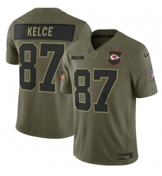 Men's Kansas City Chiefs #87 Travis Kelce Olive 2025 Salute to Service Limited Football Stitched Jersey